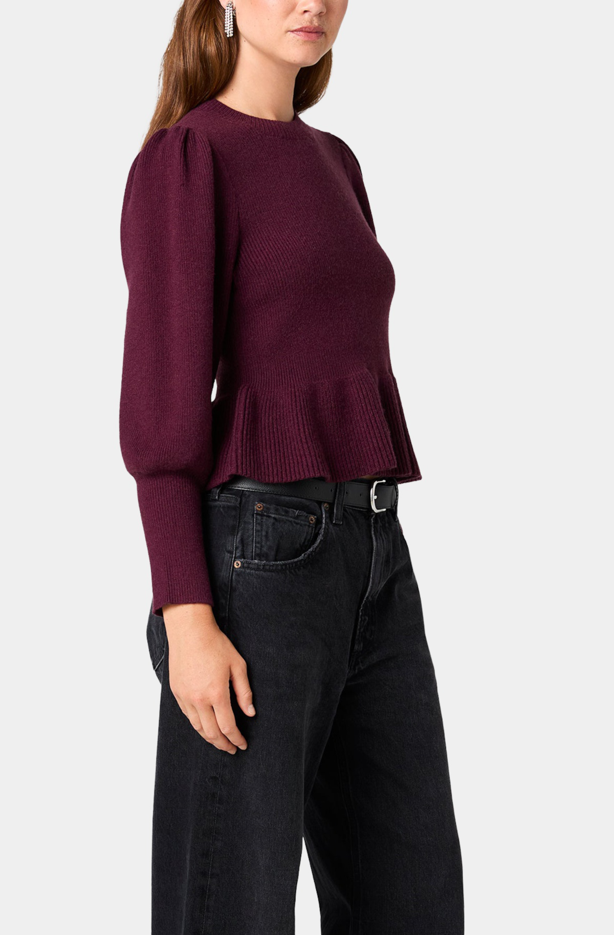 Sloane Knit Balloon Sleeve Peplum Pullover in Black Cherry – side view