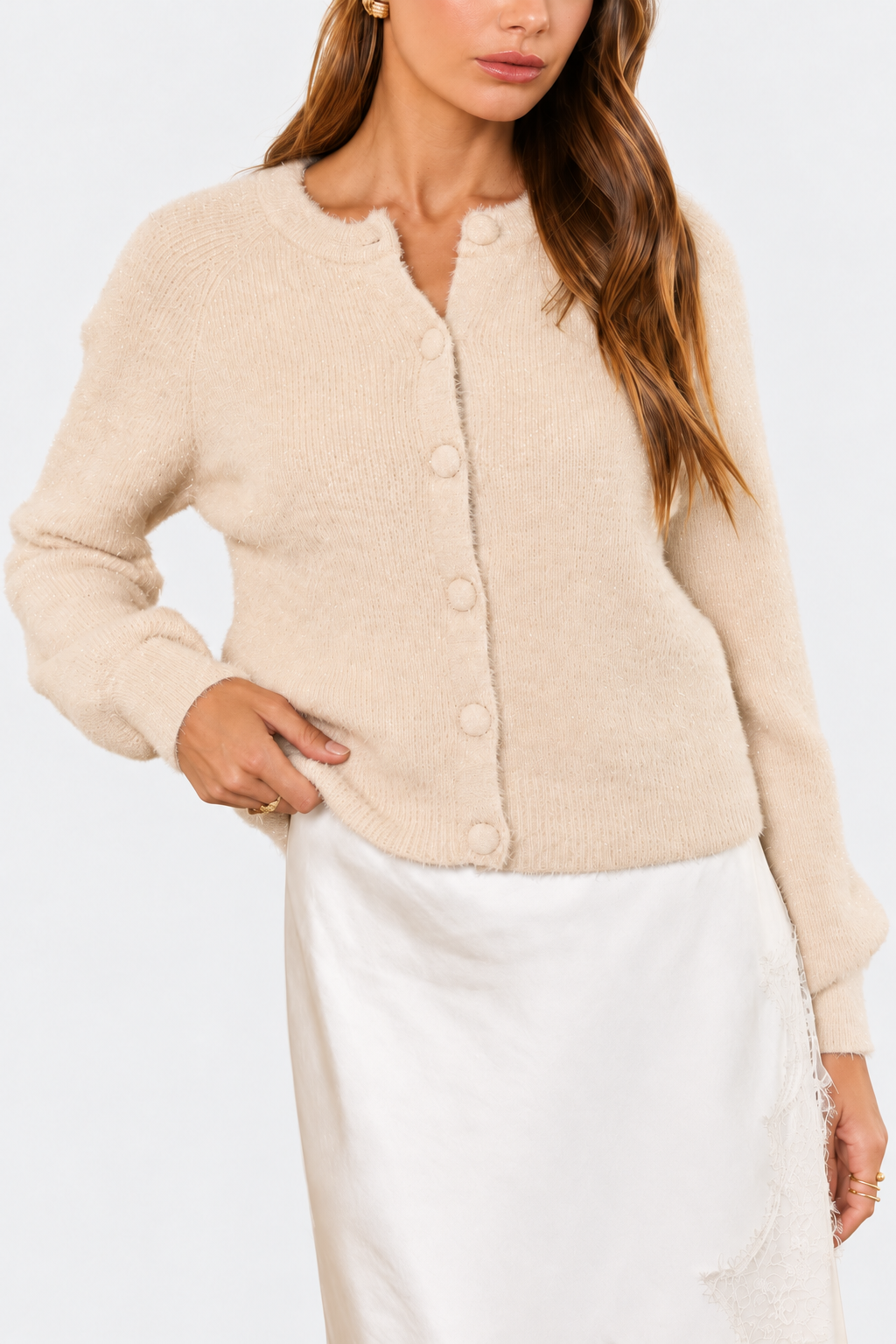 Hausen Clemence Cardigan in Champagne, style 26022, front view